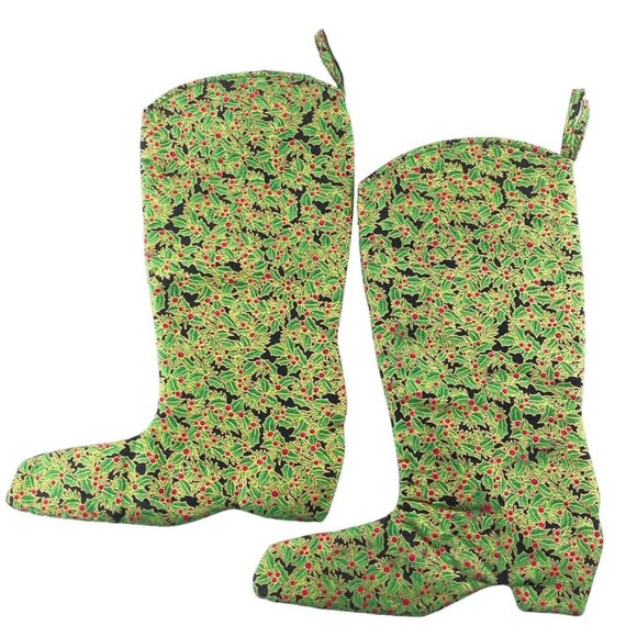 Christmas Stocking Cowboy Boot Shape Holly Berry Print Handmade - Picture 1 of 7